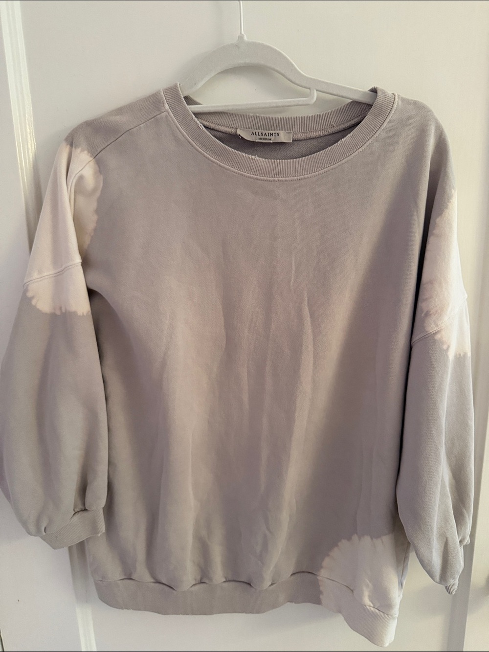 All Saints Women's Gray Crewneck Sweatshirt with Cream Tie-Dye Accents
